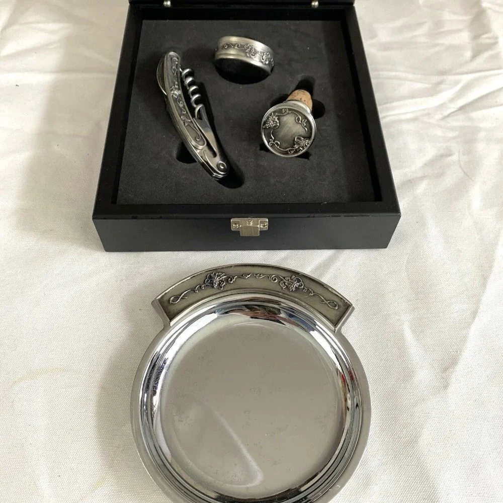 VTG 90s Grapevine Wine Accessory Set 4pc Corkscrew Stopper Drip Ring Coaster Box